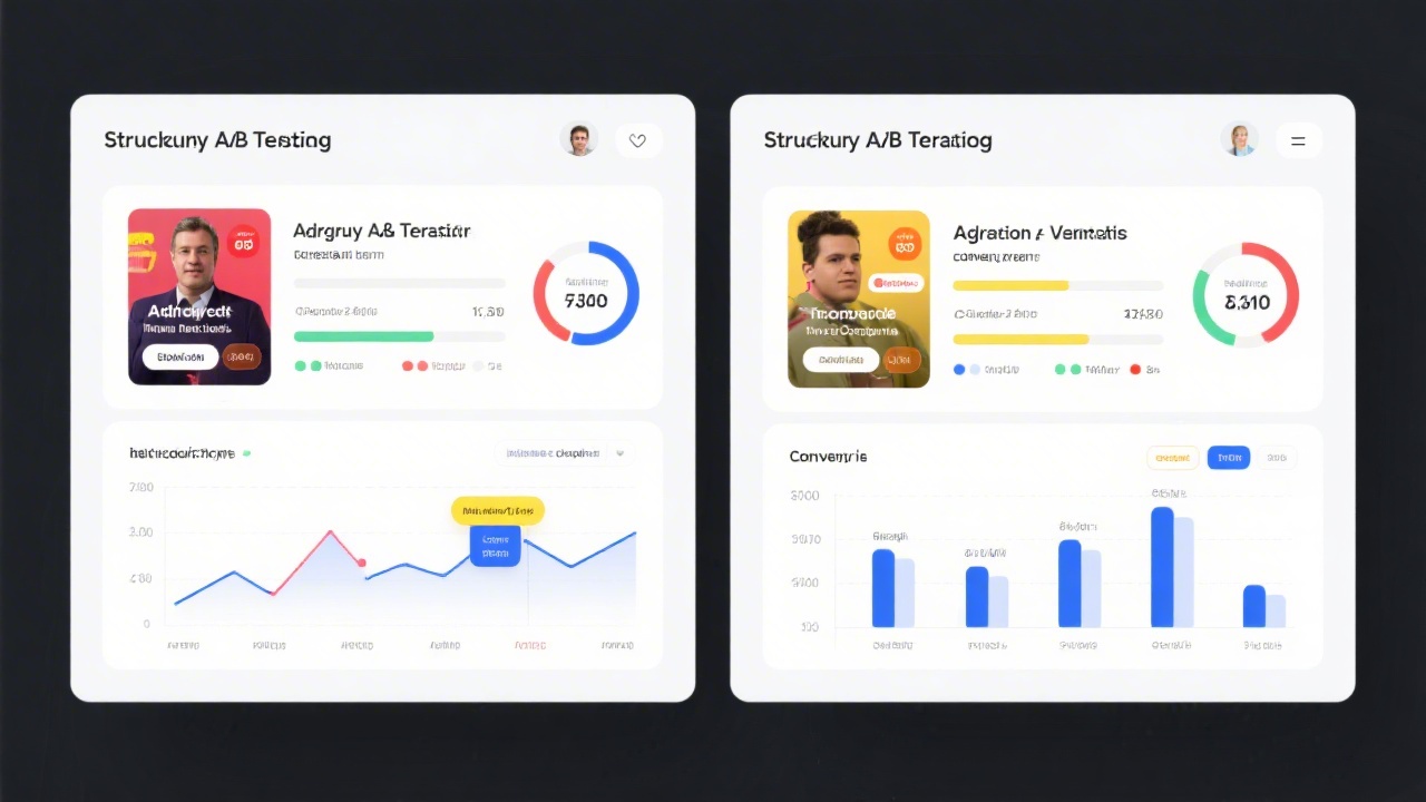 Split screen view of two ad variations and performance metrics, indicating structured A/B testing for ads with conversion data, charts, and decision notes.