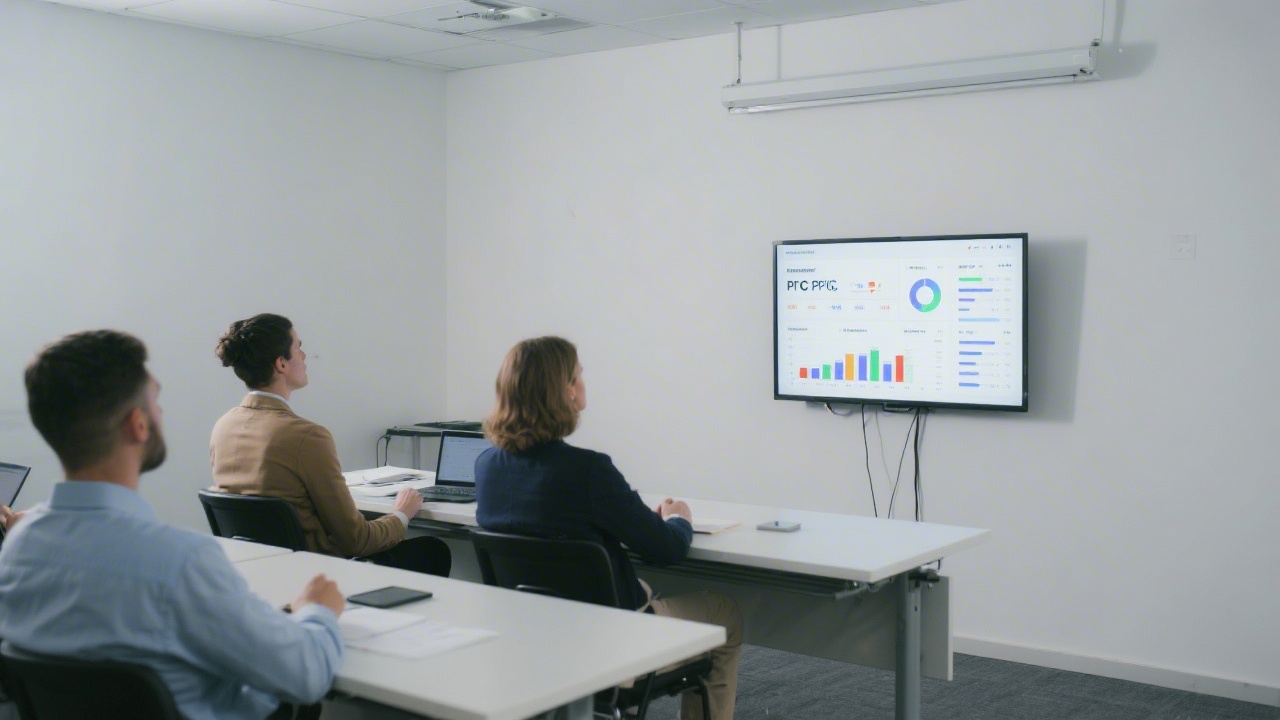 Training room with participants focused on screens showing advertising dashboards, neutral business setting, white walls, and a projector highlighting PPC analytics.