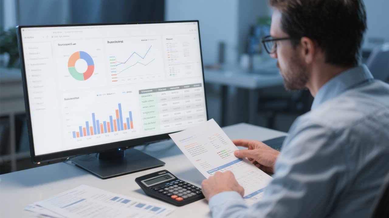 Analyst reviewing budget tables and graphs on a large monitor, with a calculator and printed sheets, demonstrating realistic PPC budget planning and allocation.
