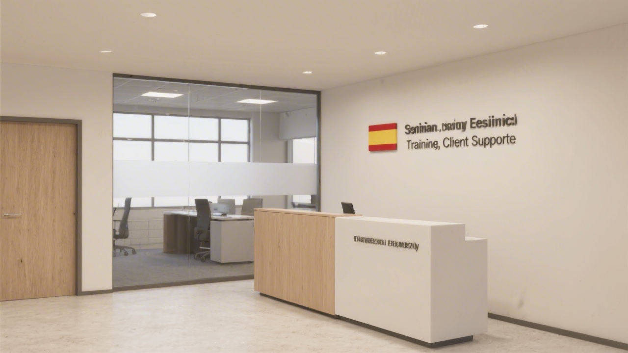 Modern office lobby with neutral tones and simple signage, representing a professional Spanish business location for training and client support.