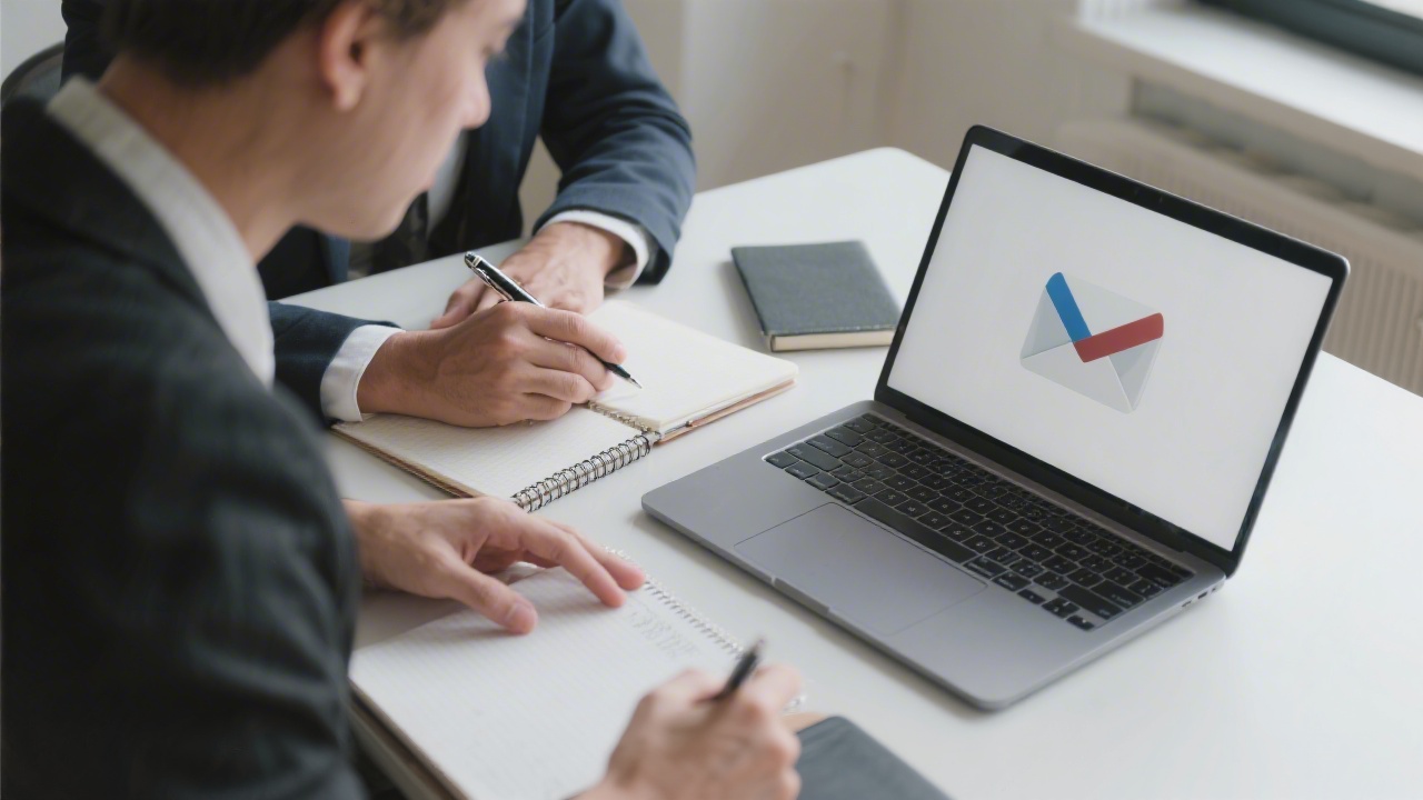 Professional person reviewing emails on a laptop with a notebook and pen, representing careful handling of client inquiries and structured response process.