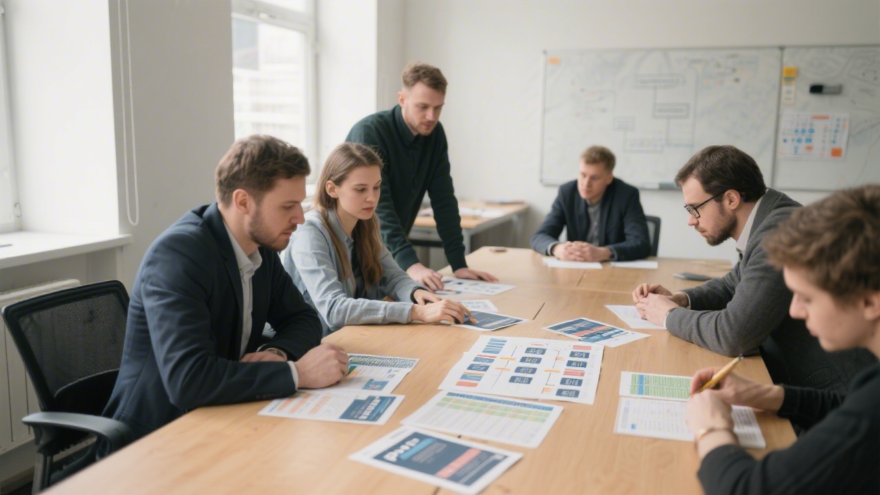 Classroom scene with adults analyzing printed campaign structures and spreadsheets on a large table, indicating practical PPC training with real data and collaborative learning.