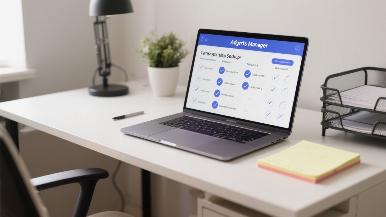 Professional desk with campaign setup checklist, laptop displaying ads manager, and structured notes, showing organized PPC implementation process.